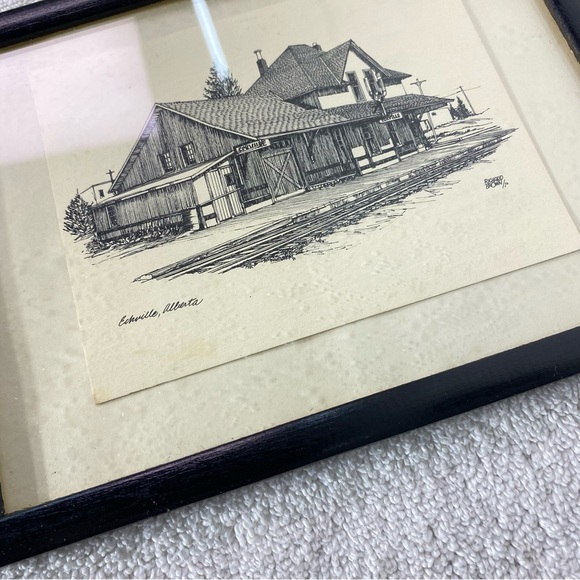 Vintage Eckville Alberta Framed Black and White Train Station Sketch - Picture 6 of 12